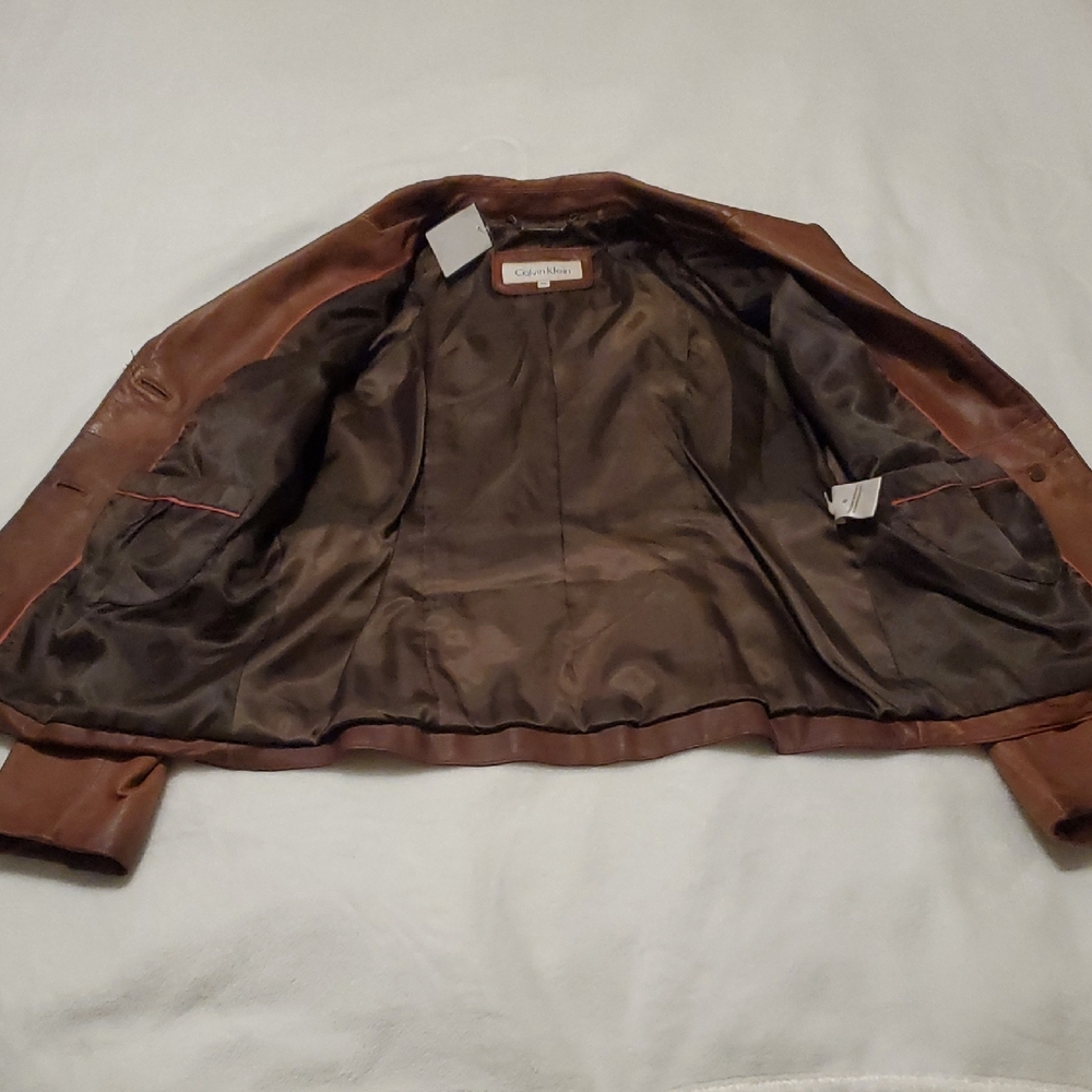 Calvin Klein Brown Real Leather Women's Jacket - Picture 3 of 11